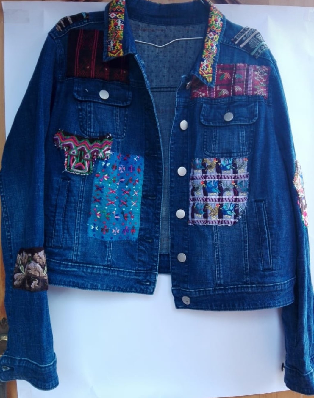 Blue Jeans Jacket with Huipil embroidery design-M